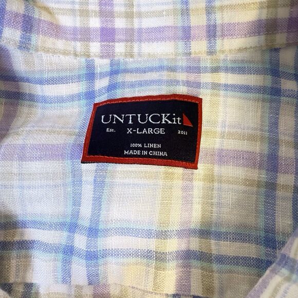 Untuckit Shirt Mens X Large White Blue Plaid Short Sleeve 100% Linen Preppy - Picture 6 of 8